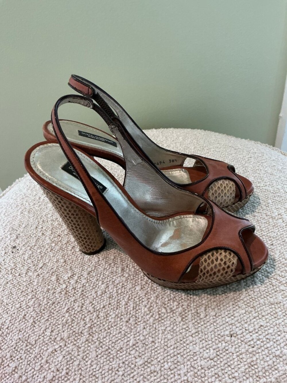 Dolce & Gabbana Brown Leather Peep Toe Slingback Sandals Size 38.5